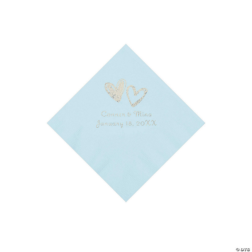 Light Blue Hearts Personalized Napkins with Silver Foil - Beverage Image