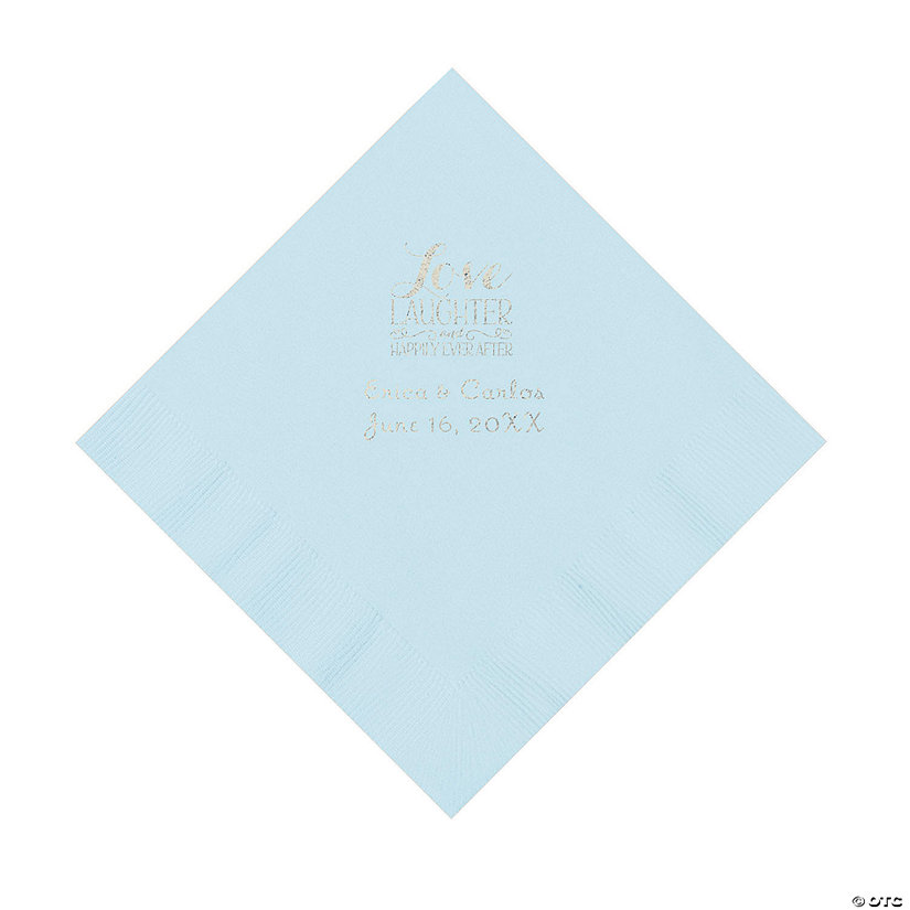 Light Blue Laughter & Happily Ever After Personalized Napkins with Silver Foil &#8211; Luncheon Image Thumbnail