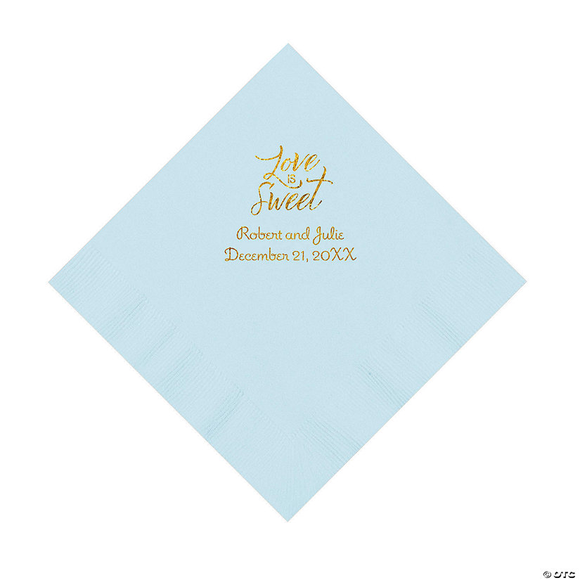 Light Blue Love Is Sweet Personalized Napkins with Gold Foil &#8211; Luncheon Image Thumbnail