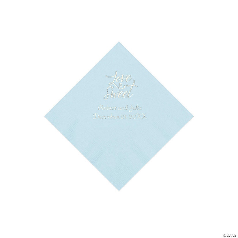 Light Blue Love Is Sweet Personalized Napkins with Silver Foil - Beverage Image Thumbnail