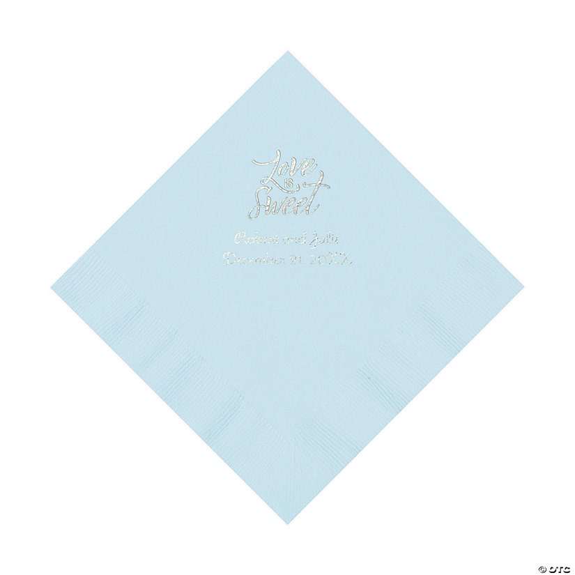 Light Blue Love Is Sweet Personalized Napkins with Silver Foil &#8211; Luncheon Image Thumbnail
