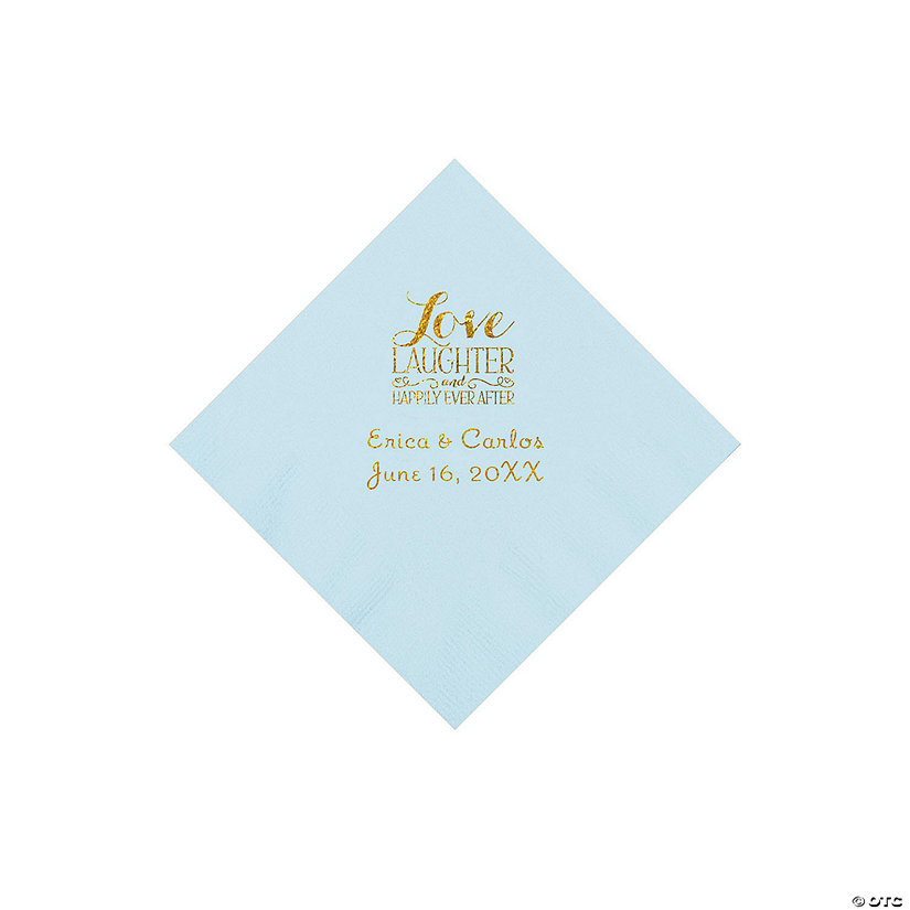 Light Blue Love Laughter & Happily Ever After Personalized Napkins with Gold Foil - Beverage Image Thumbnail