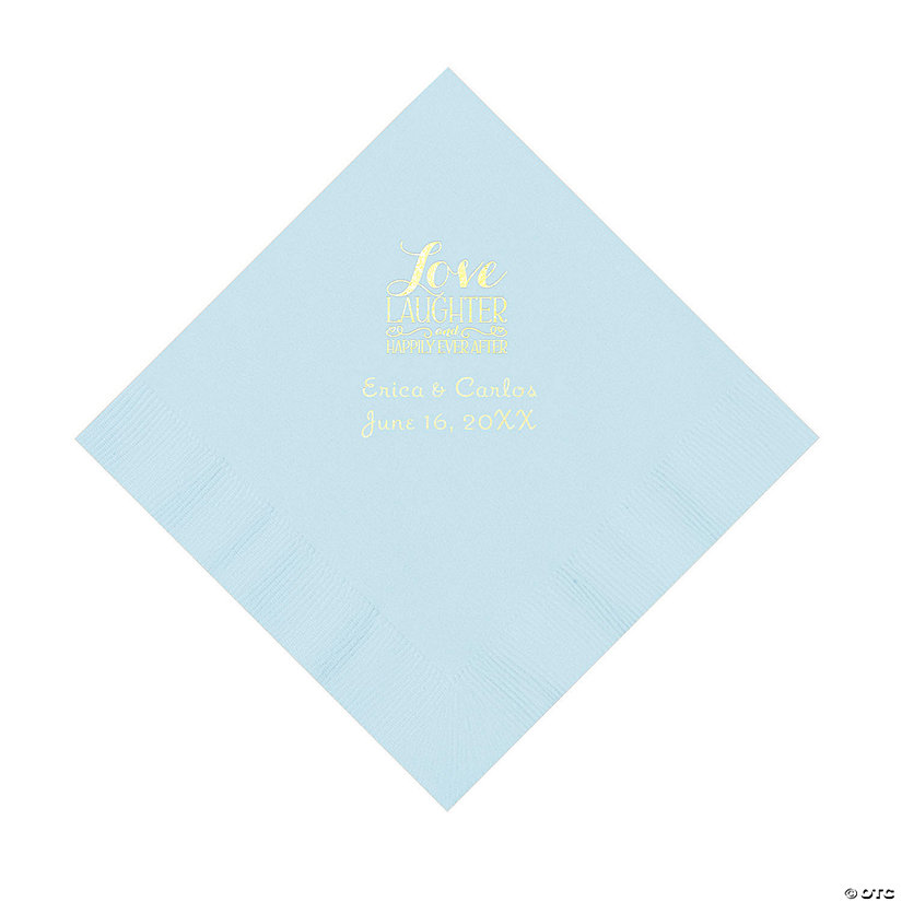 Light Blue Love Laughter & Happily Ever After Personalized Napkins with Gold Foil &#8211; Luncheon Image Thumbnail