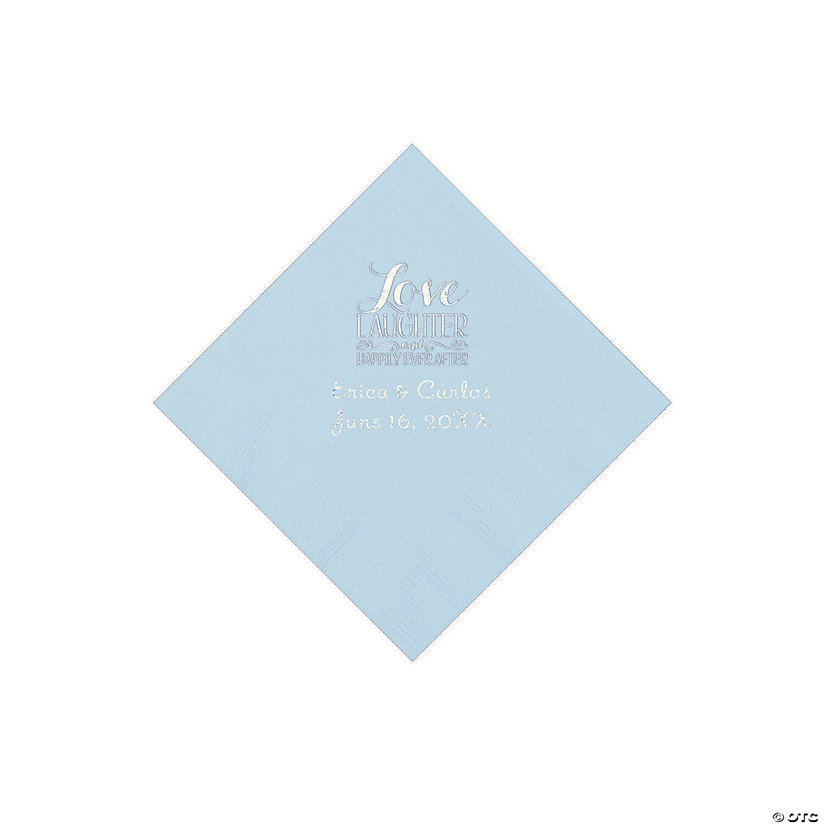 Light Blue Love Laughter & Happily Ever After Personalized Napkins with Silver Foil &#8211; Beverage Image Thumbnail