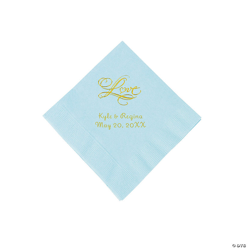 Light Blue “Love” Personalized Napkins with Gold Foil Beverage