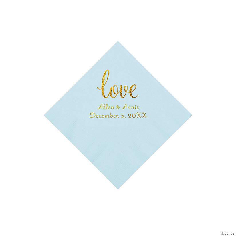 Light Blue Love Script Personalized Napkins with Gold Foil - Beverage Image Thumbnail