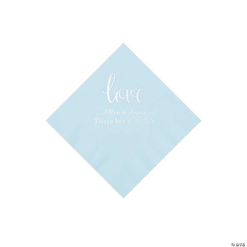 Light Blue Love Script Personalized Napkins with Silver Foil - Beverage Image Thumbnail