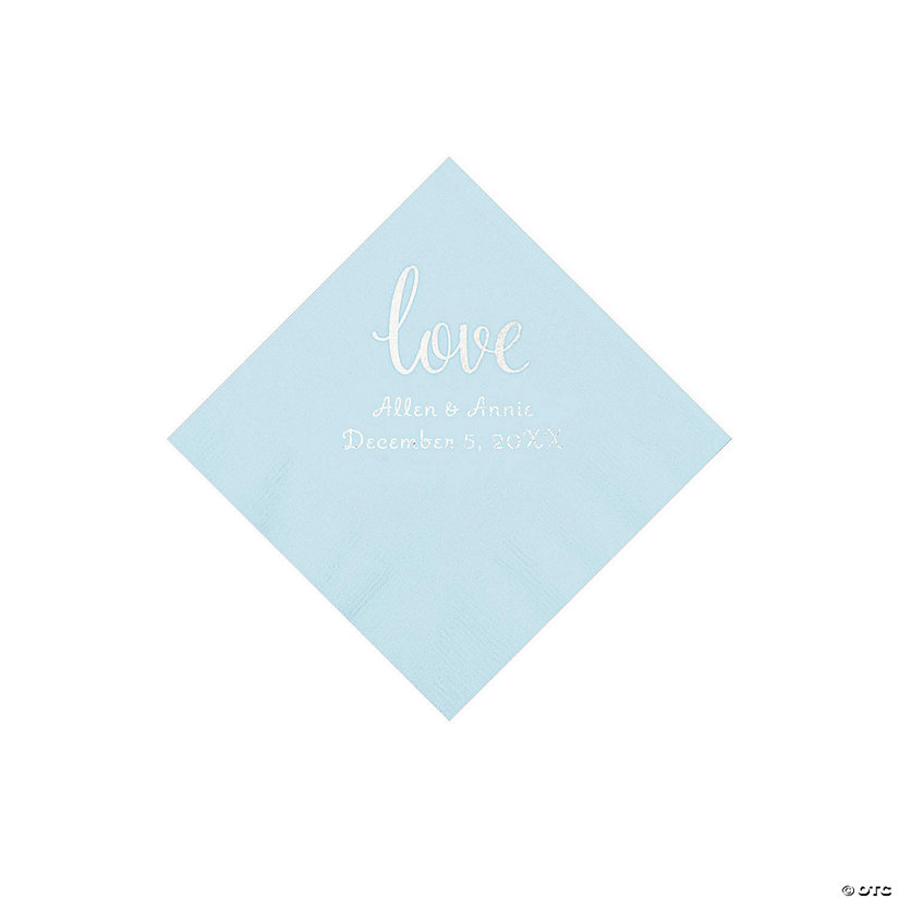 Light Blue Love Script Personalized Napkins with Silver Foil - Beverage Image