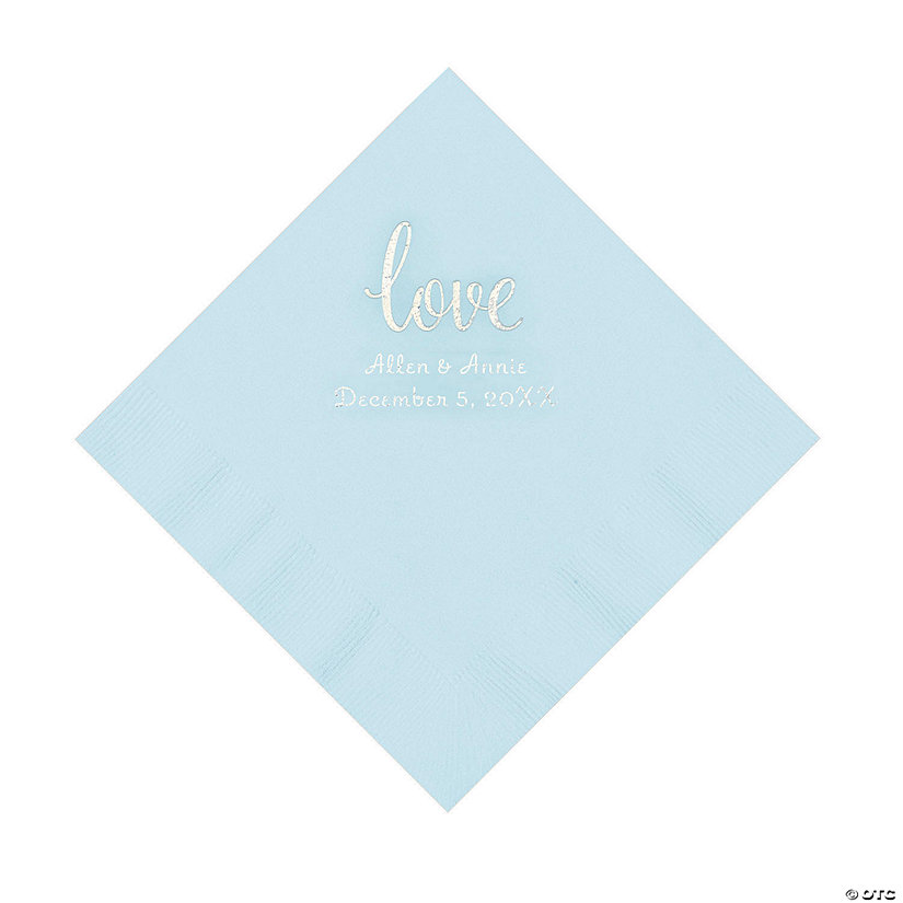 Light Blue Love Script Personalized Napkins with Silver Foil - Luncheon Image