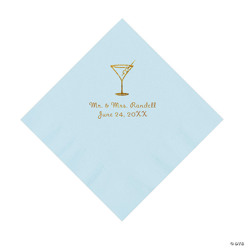 Light Blue Martini Glass Personalized Napkins with Gold Foil - Luncheon Image Thumbnail