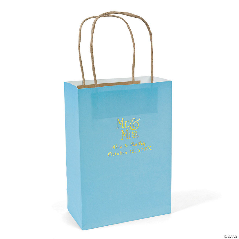 Light Blue Medium Mr. & Mrs. Personalized Kraft Paper Gift Bags with Gold Foil - 12 Pc. Image