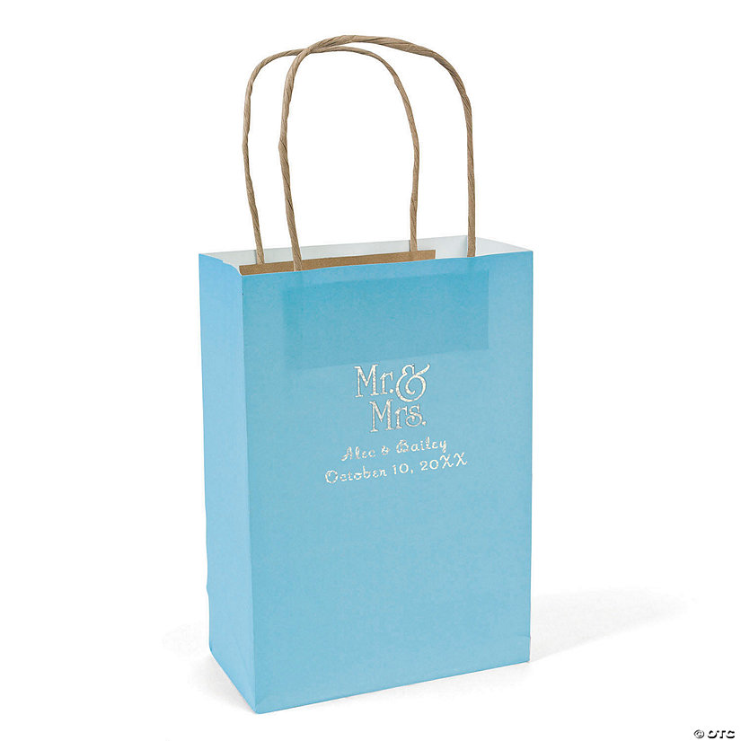 Light Blue Medium Mr. & Mrs. Personalized Kraft Paper Gift Bags with Silver Foil - 12 Pc. Image