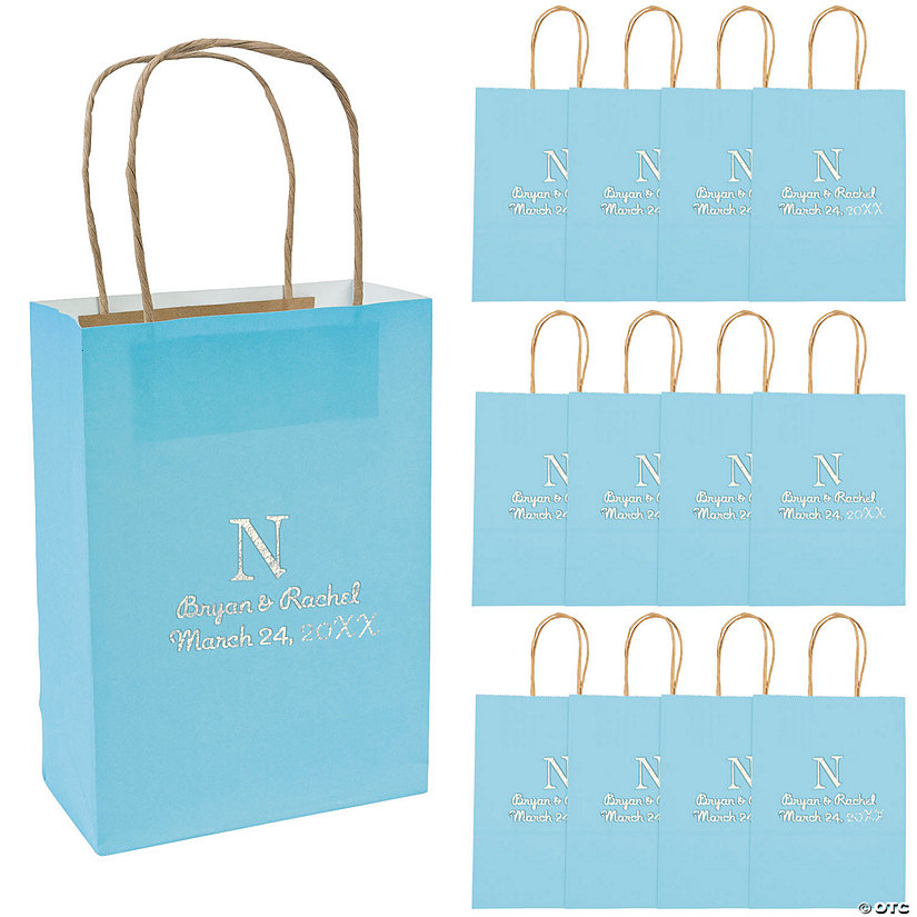 Light Blue Medium Personalized Monogram Welcome Gift Bags with Silver Foil - 12 Pc. Image