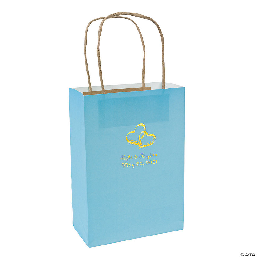 Light Blue Medium Two Hearts Personalized Kraft Paper Gift Bags with Gold Foil - 12 Pc. Image Thumbnail