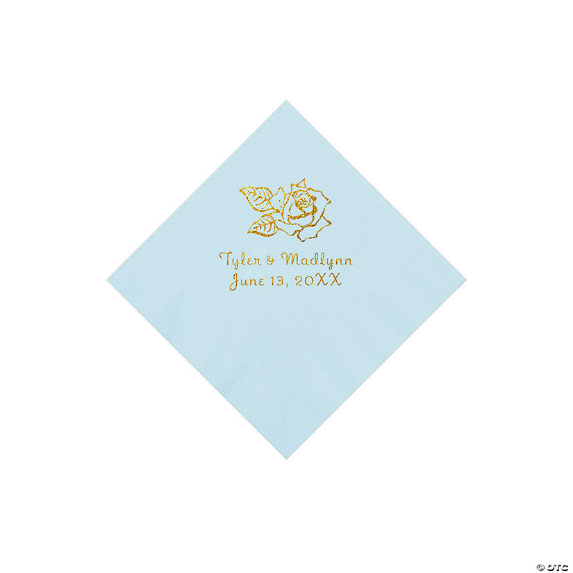 Light Blue Rose Personalized Napkins with Gold Foil - 50 Pc. Beverage Image