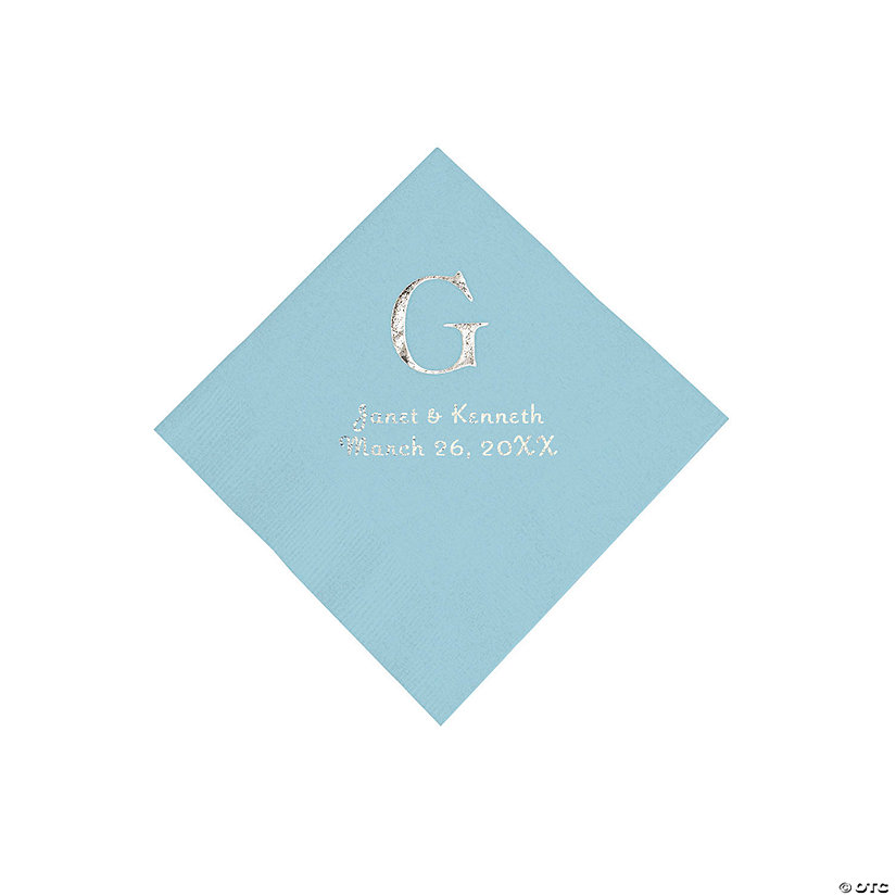 Light Blue Wedding Monogram Personalized Napkins with Silver Foil - Beverage Image Thumbnail
