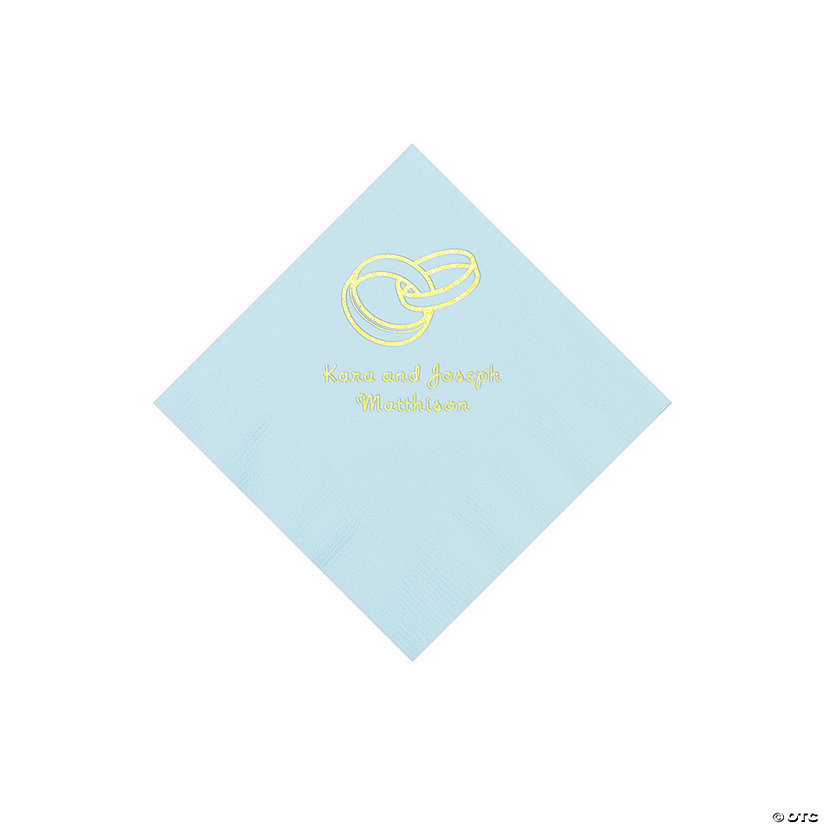 Light Blue Wedding Ring Personalized Napkins with Gold Foil - 50 Pc. Beverage Image