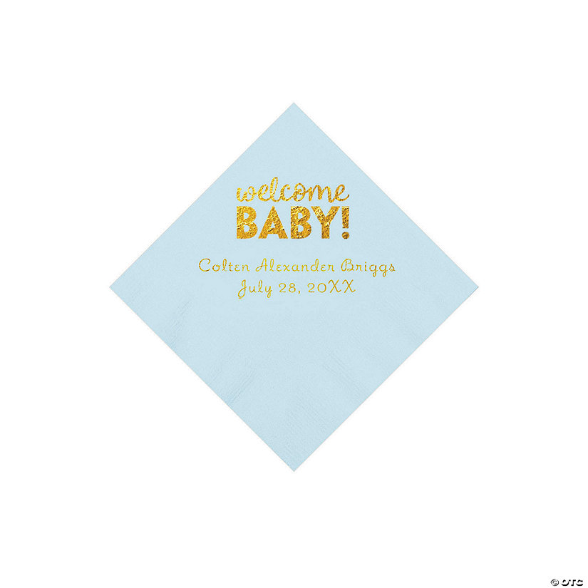 Light Blue Welcome Baby Personalized Napkins with Gold Foil - 50 Pc. Beverage Image