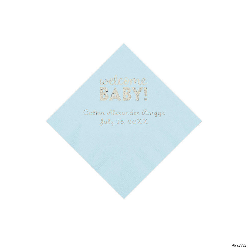 Light Blue Welcome Baby Personalized Napkins with Silver Foil - 50 Pc. Beverage Image
