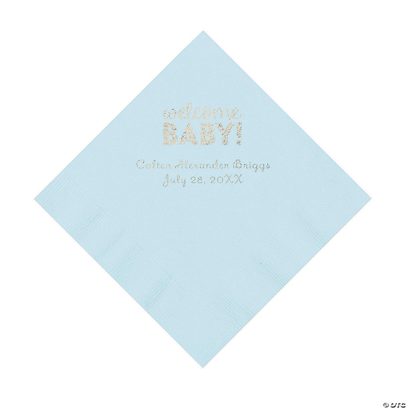 Light Blue Welcome Baby Personalized Napkins with Silver Foil &#8211; 50 Pc. Luncheon Image