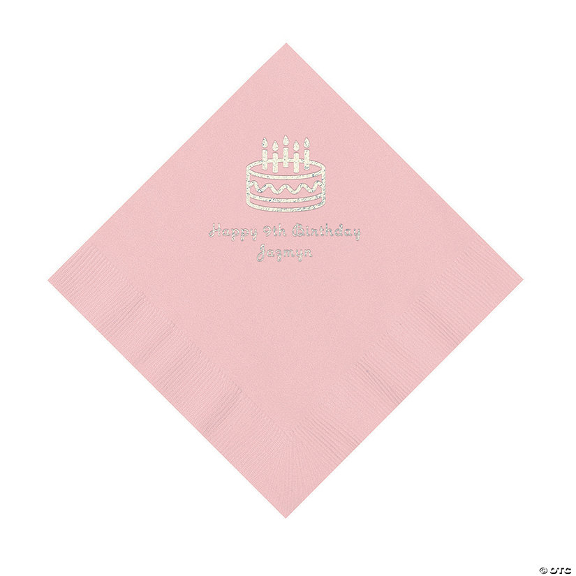 Light Pink Birthday Cake Personalized Napkins with Silver Foil - 50 Pc. Luncheon Image