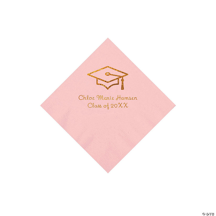 Light Pink Grad Mortarboard Personalized Napkins with Gold Foil &#8211; 50 Pc. Beverage Image Thumbnail