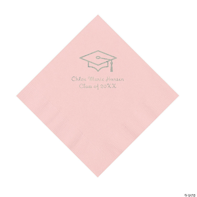 Light Pink Grad Mortarboard Personalized Napkins with Silver Foil &#8211; 50 Pc. Luncheon Image