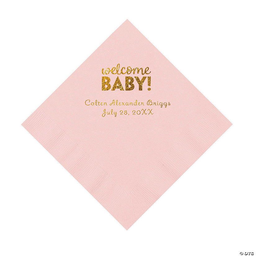 Light Pink Welcome Baby Personalized Napkins with Gold Foil &#8211; 50 Pc. Luncheon Image
