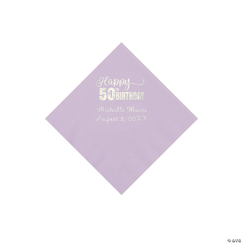 Lilac 50th Birthday Personalized Napkins with Silver Foil - 50 Pc. Beverage Image