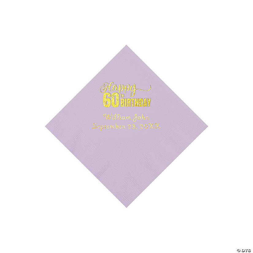 Lilac 60th Birthday Personalized Napkins with Gold Foil - 50 Pc. Beverage Image