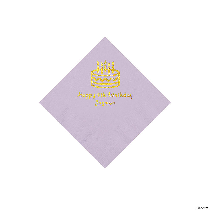 Lilac Birthday Cake Personalized Napkins with Gold Foil - 50 Pc. Beverage Image