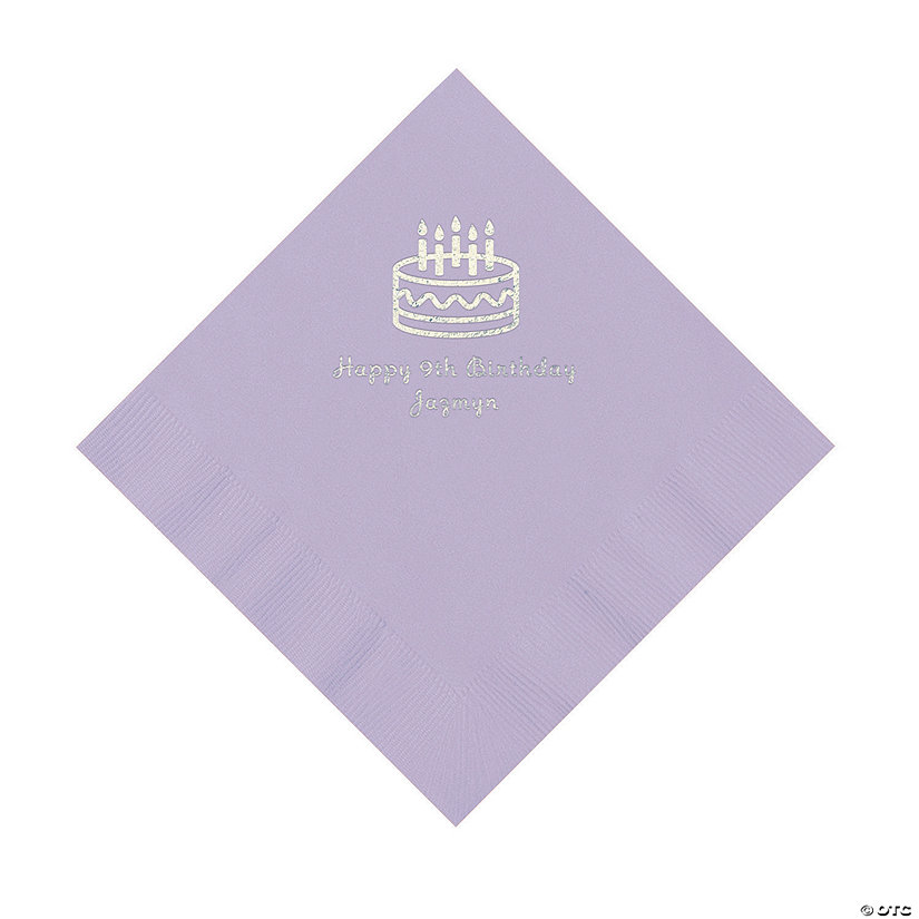 Lilac Birthday Cake Personalized Napkins with Silver Foil - 50 Pc. Luncheon Image