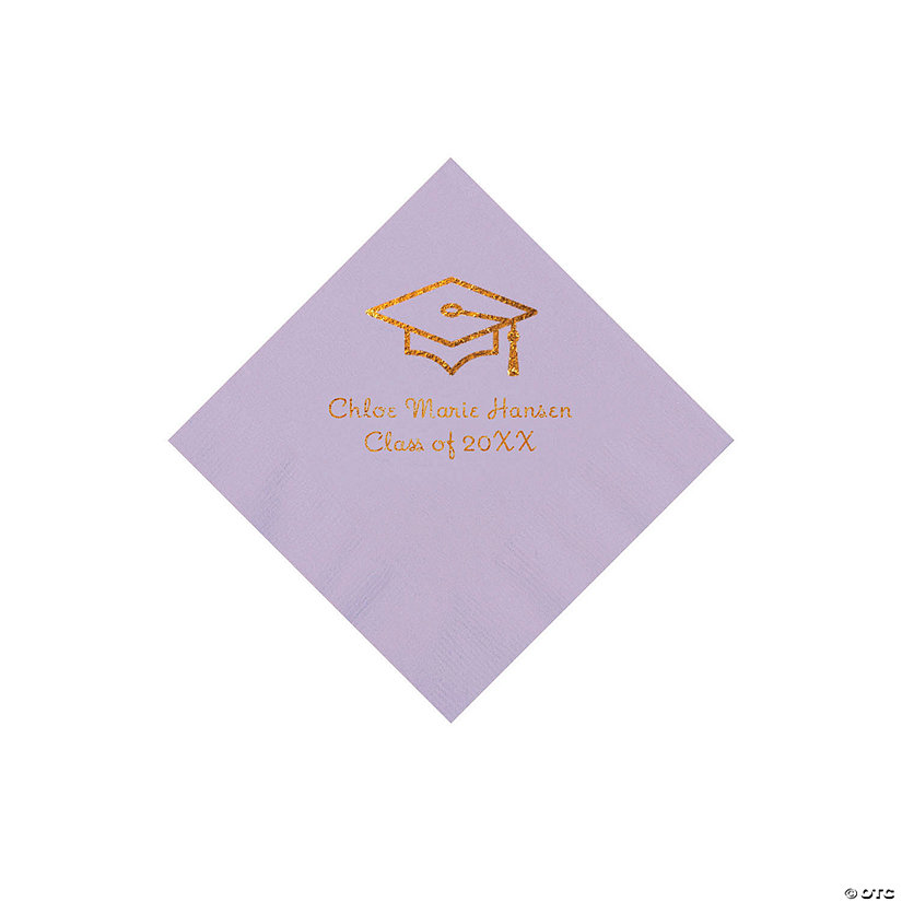 Lilac Grad Mortarboard Personalized Napkins with Gold Foil &#8211; 50 Pc. Beverage Image Thumbnail