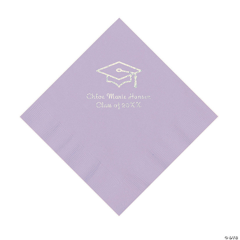 Lilac Grad Mortarboard Personalized Napkins with Silver Foil &#8211; 50 Pc. Luncheon Image