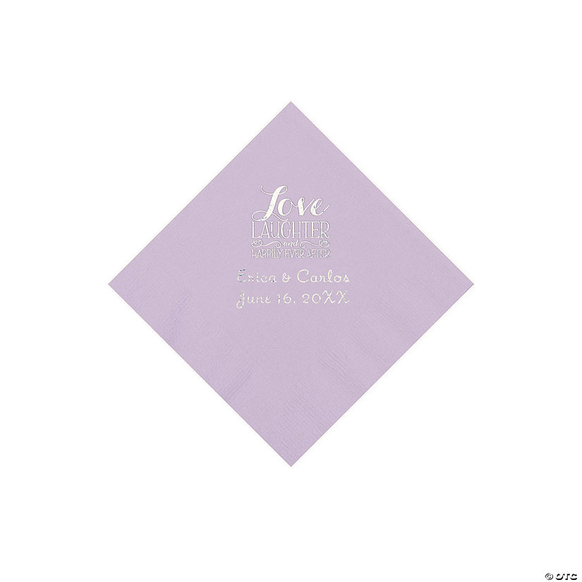 Lilac Love Laughter & Happily Ever After Personalized Napkins with Silver Foil &#8211; Beverage Image Thumbnail