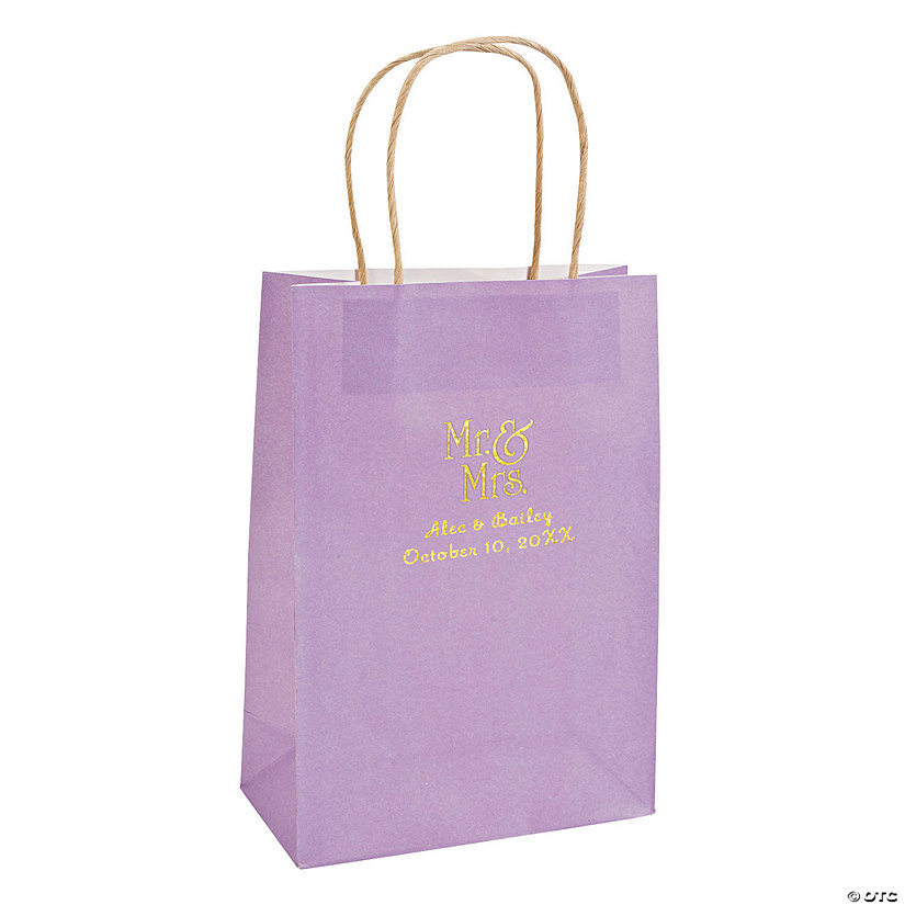 Lilac Medium Mr. & Mrs. Personalized Kraft Paper Gift Bags with Gold Foil - 12 Pc. Image Thumbnail
