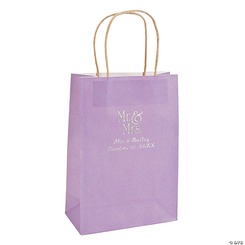 Lilac Medium Mr. & Mrs. Personalized Kraft Paper Gift Bags with Silver Foil - 12 Pc. Image Thumbnail