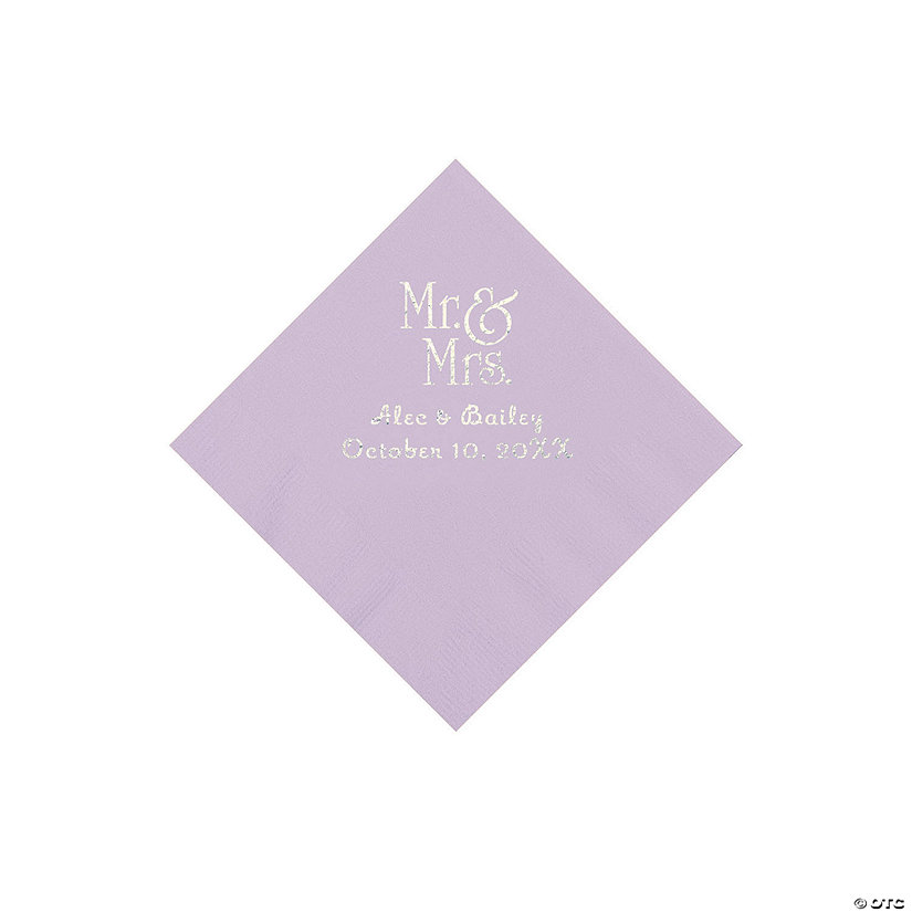 Lilac Mr. & Mrs. Personalized Napkins with Silver Foil - 50 Pc. Beverage Image