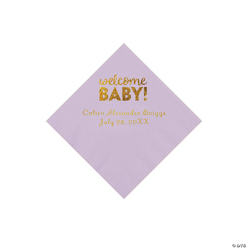 Lilac Welcome Baby Personalized Napkins with Gold Foil - 50 Pc. Beverage Image Thumbnail