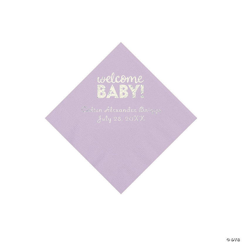 Lilac Welcome Baby Personalized Napkins with Silver Foil - 50 Pc. Beverage Image Thumbnail