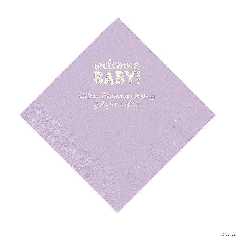 Lilac Welcome Baby Personalized Napkins with Silver Foil &#8211; 50 Pc. Luncheon Image Thumbnail