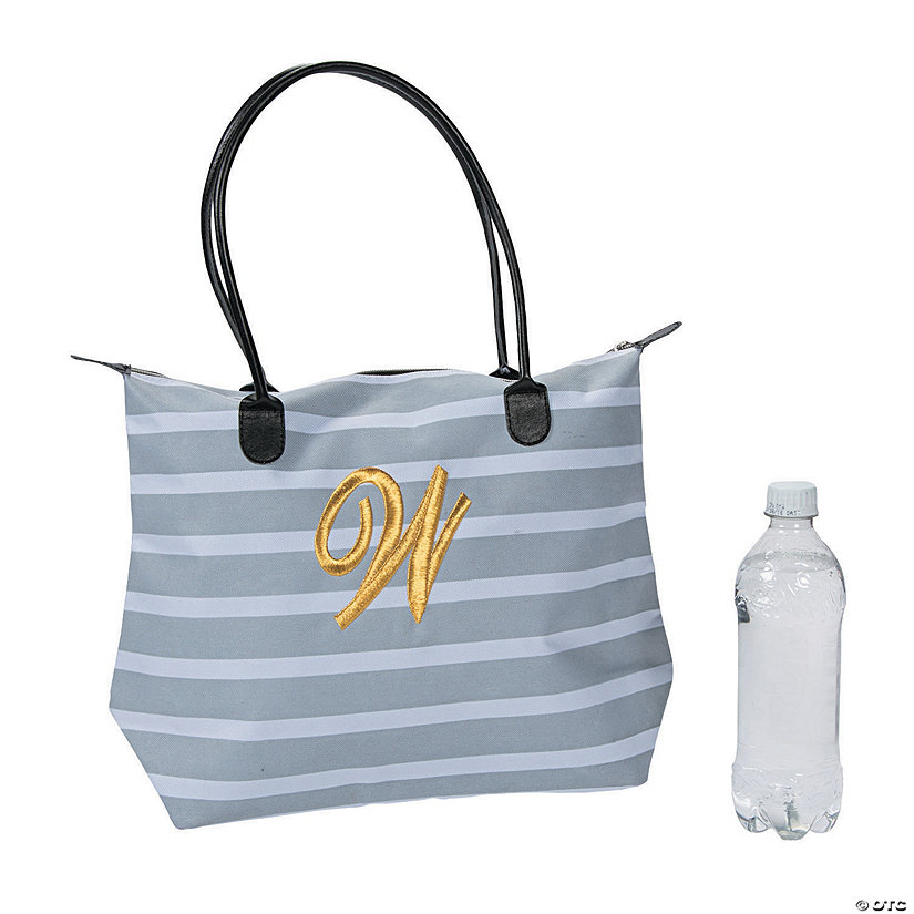 Monogrammed Striped Tote Bag with Gold Embroidery Image