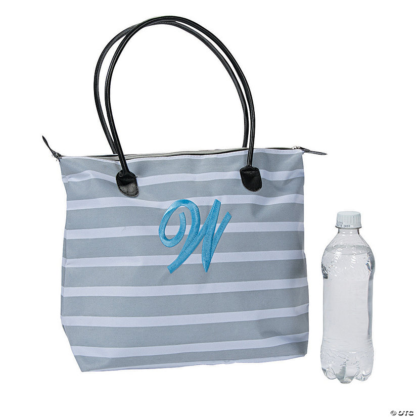 Monogrammed Striped Tote Bag with Light Blue Embroidery Image