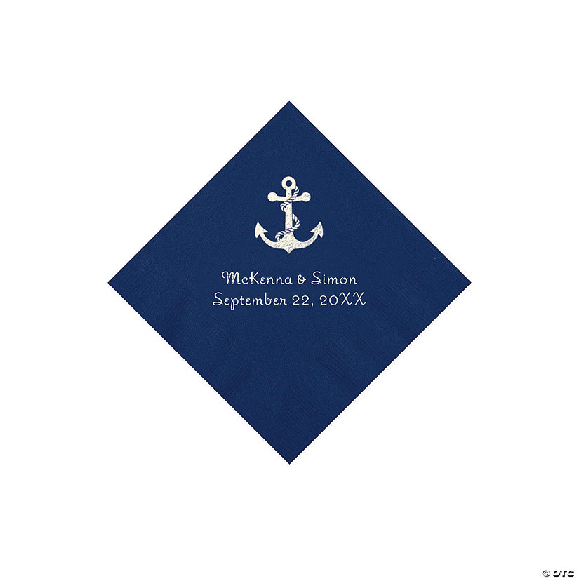 Navy Anchor Personalized Napkins with Silver Foil - Beverage Image