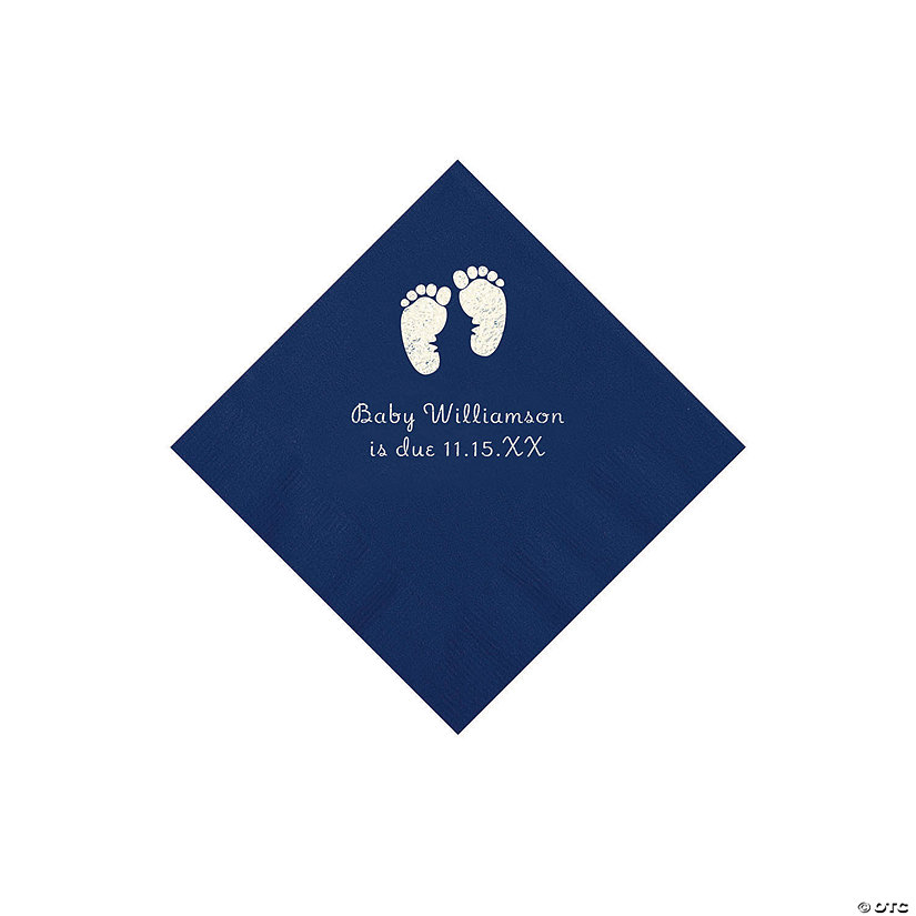 Navy Baby Feet Personalized Napkins with Silver Foil - 50 Pc. Beverage Image