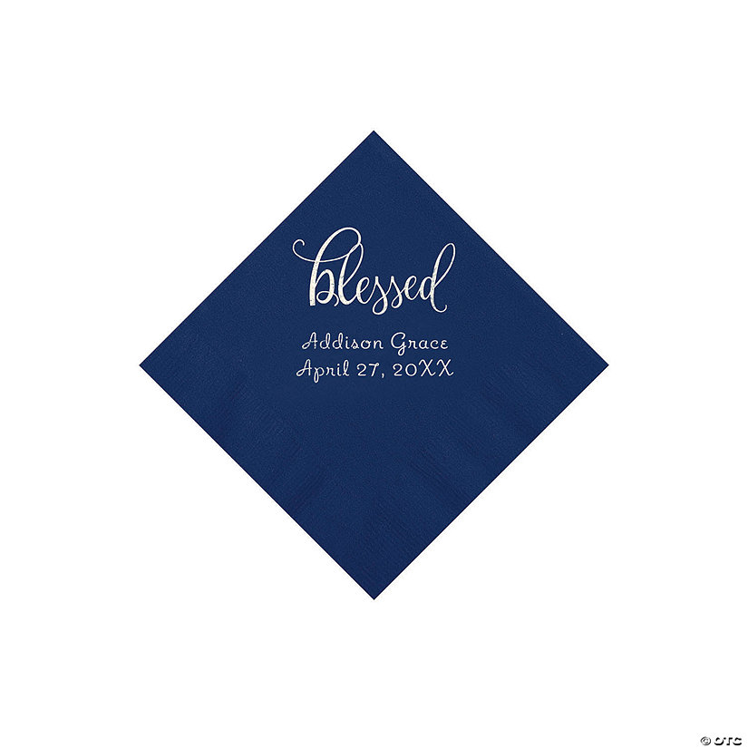 Navy Blessed Personalized Napkins with Silver Foil - 50 Pc. Beverage Image
