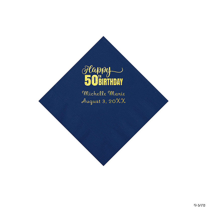 Navy Blue 50th Birthday Personalized Napkins with Gold Foil - 50 Pc. Beverage Image