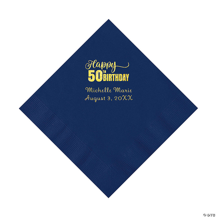 Navy Blue 50th Birthday Personalized Napkins with Gold Foil &#8211; 50 Pc. Luncheon Image Thumbnail