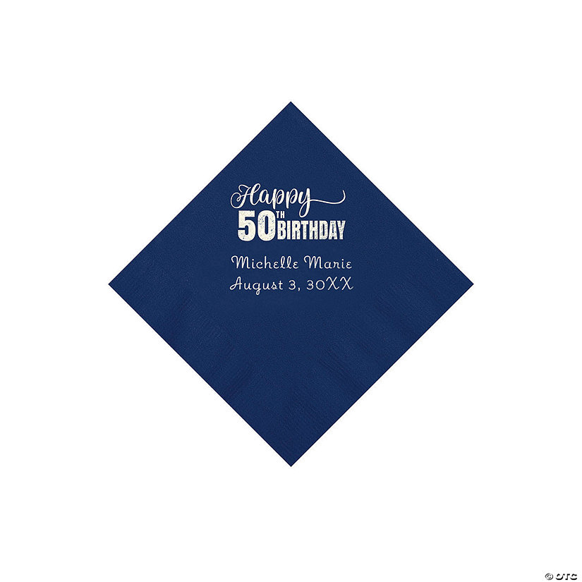 Navy Blue 50th Birthday Personalized Napkins with Silver Foil - 50 Pc. Beverage Image