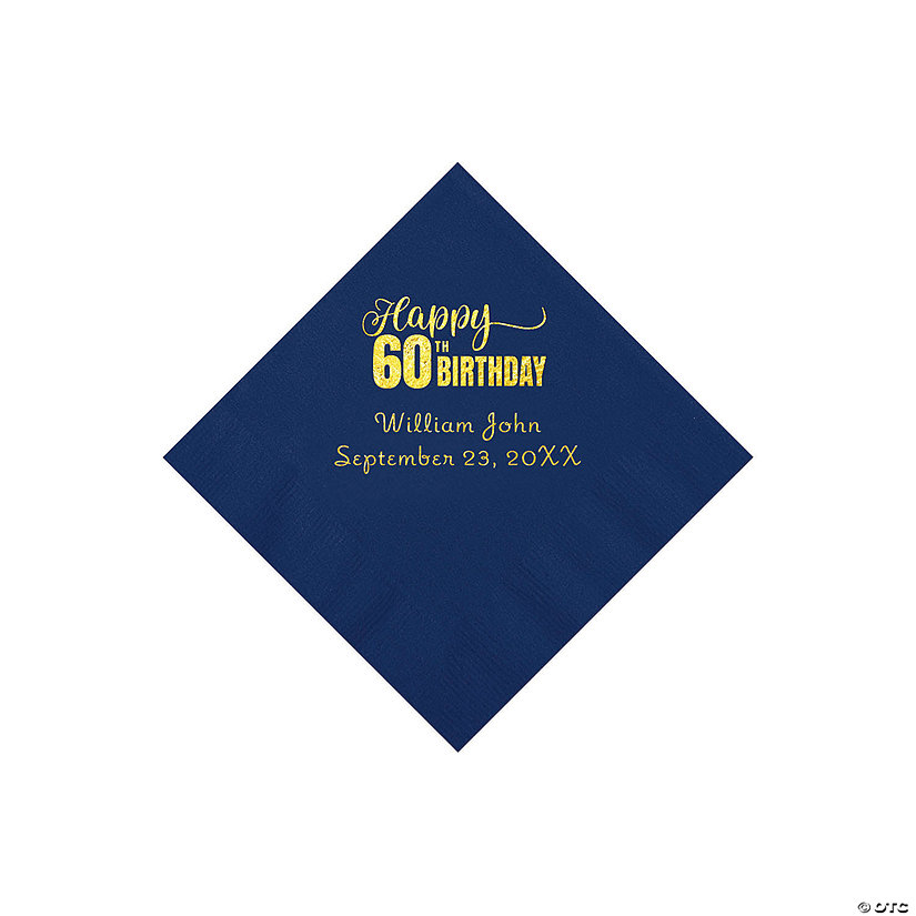 Navy Blue 60th Birthday Personalized Napkins with Gold Foil - 50 Pc. Beverage Image Thumbnail